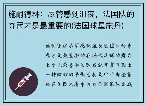 施耐德林：尽管感到沮丧，法国队的夺冠才是最重要的(法国球星施丹)