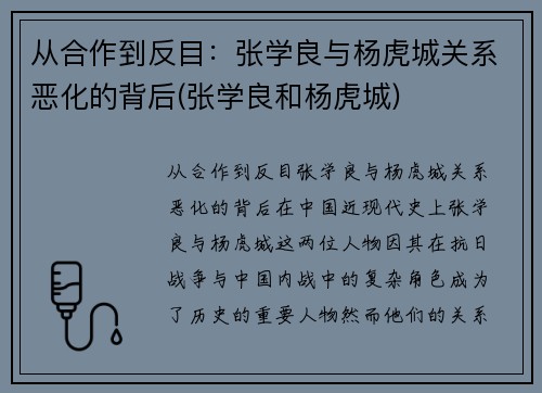 从合作到反目：张学良与杨虎城关系恶化的背后(张学良和杨虎城)